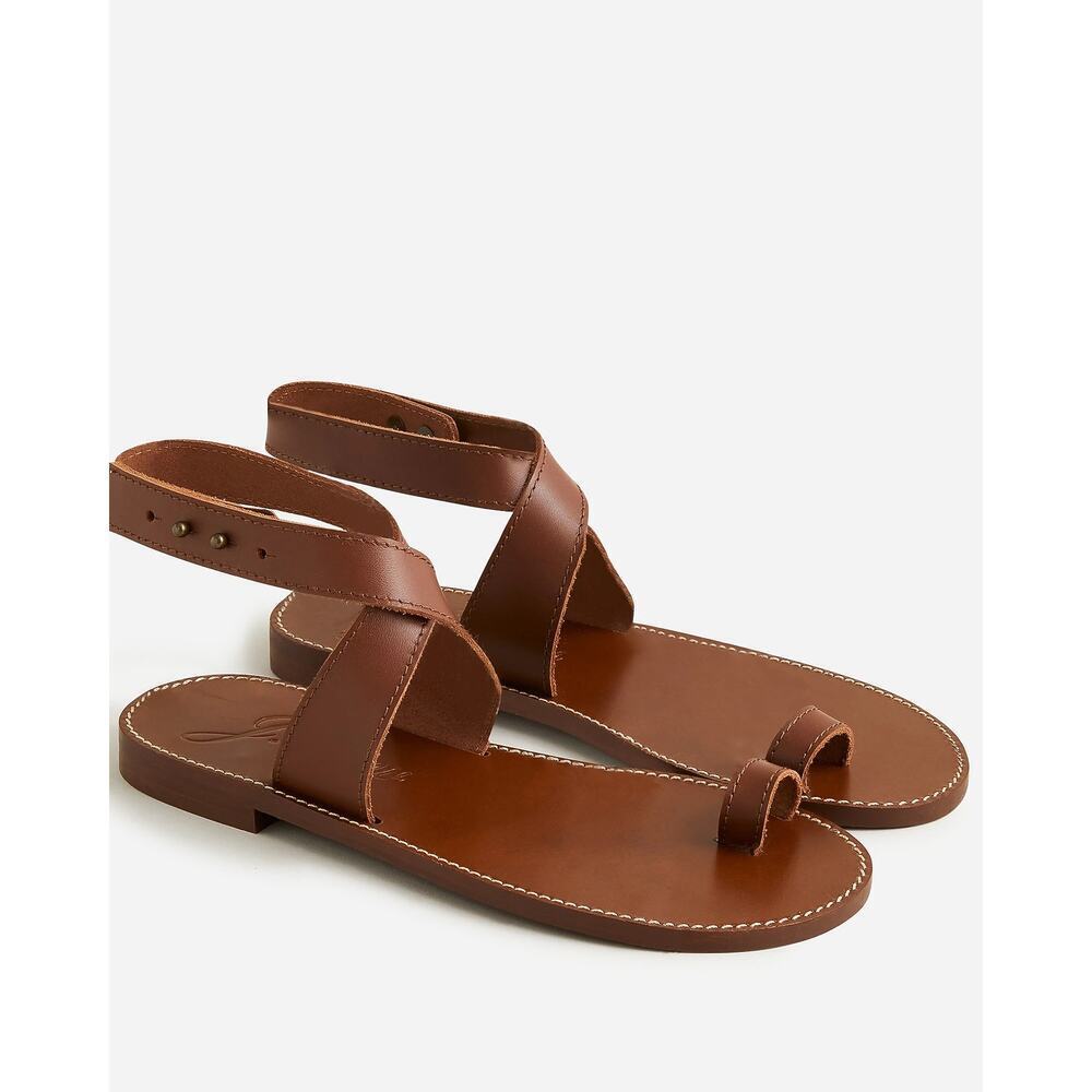 J.Crew Tan Brown Leather Ankle Wrap Flat Sandals Size 10.5